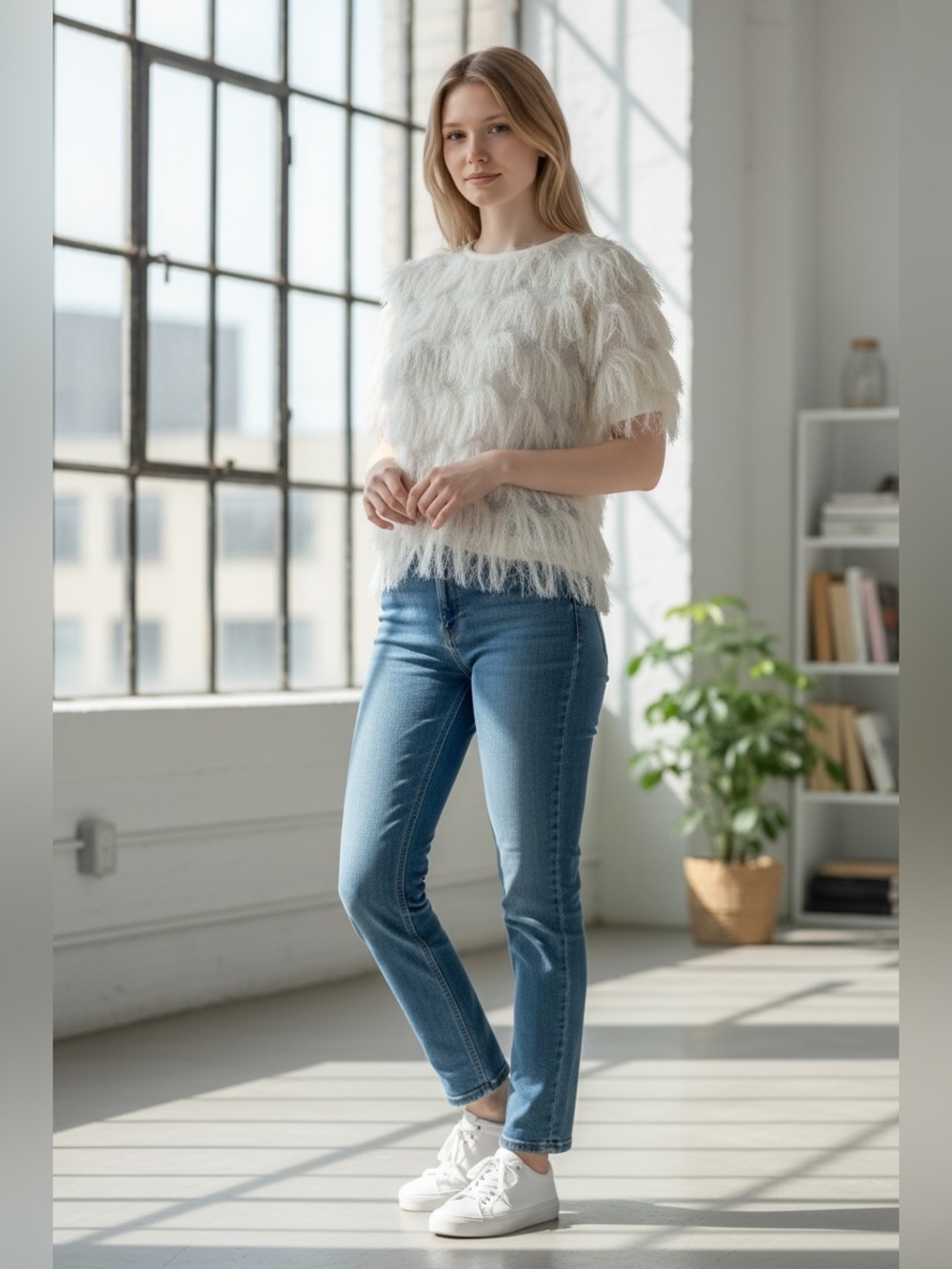 Hayden Ivory Feather-Texture Short Sleeve Top